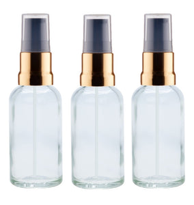 30ml Clear Glass Bottles with Gold/Black Treatment Pump and Clear Overcap