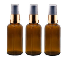 Load image into Gallery viewer, 30ml Amber Glass Bottles with Gold/Black Treatment Pump and Clear Overcap