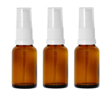 Load image into Gallery viewer, 15ml Amber Glass Bottles with White Treatment Pump and Clear Overcap