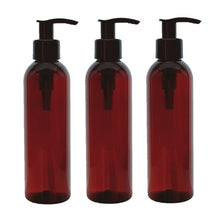 Load image into Gallery viewer, 200ml Tall Amber Plastic Bottles with 24mm 410 Black Lotion Pump