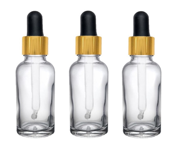 30ml Clear Glass Bottles with Gold/Black Glass Pipettes