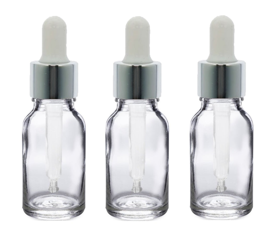 15ml Clear Glass Bottles with Silver/White Glass Pipettes