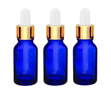 Load image into Gallery viewer, 15ml Blue Glass Bottles with Gold/White Glass Pipettes