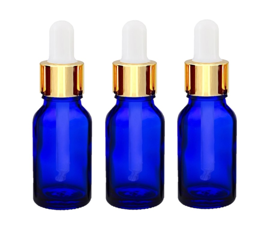 15ml Blue Glass Bottles with Gold/White Glass Pipettes