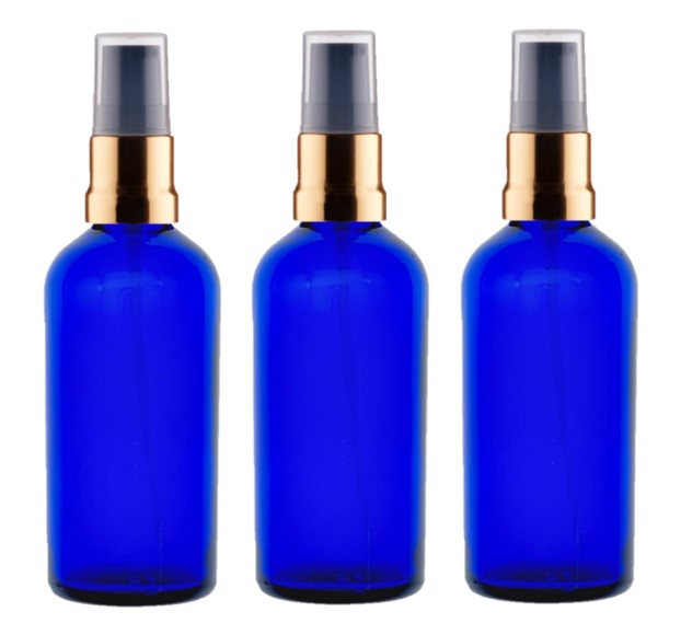 100ml Blue Glass Bottles with Gold/Black Treatment Pump and Clear Overcap