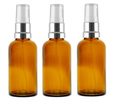 Load image into Gallery viewer, 50ml Amber Glass Bottles with Silver/White Treatment Pump and Clear Overcap