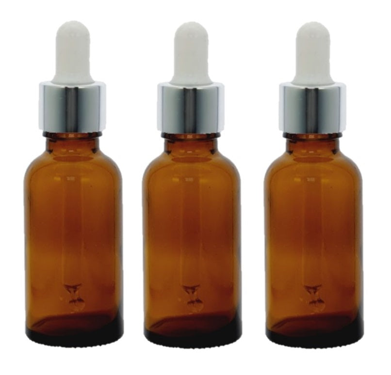 30ml Amber Glass Bottles with Silver/White Glass Pipettes