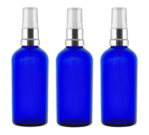 100ml Blue Glass Bottles with Silver/White Treatment Pump and Clear Overcap