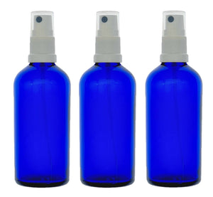 100ml Blue Glass Bottles with White Atomiser Spray and Clear Overcap