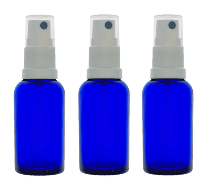 20ml Blue Glass Bottles with White Atomiser Spray and Clear Overcap