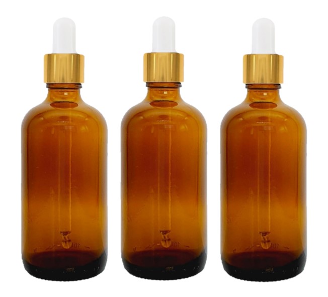 100ml Amber Glass Bottles with Gold/White Glass Pipettes