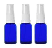 Load image into Gallery viewer, 15ml Blue Glass Bottles with White Treatment Pump and Clear Overcap