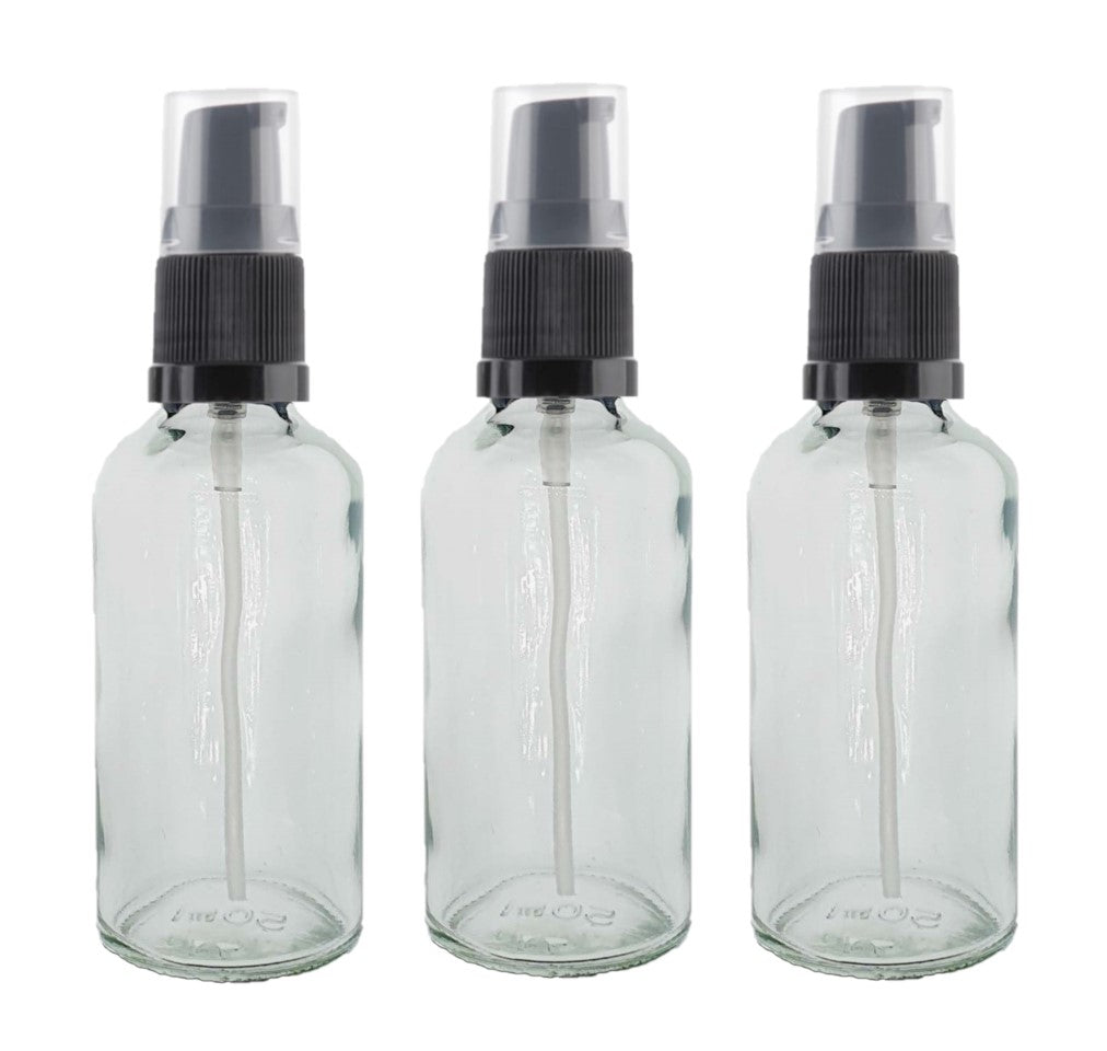 50ml Clear Glass Bottles with Black Treatment Pump and Clear Overcap