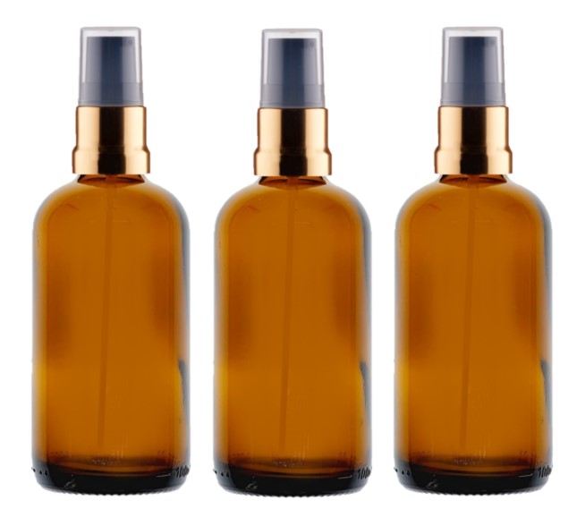 100ml Amber Glass Bottles with Gold/Black Treatment Pump and Clear Overcap