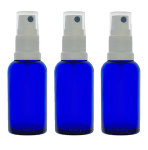 30ml Blue Glass Bottles with White Atomiser Spray and Clear Overcap