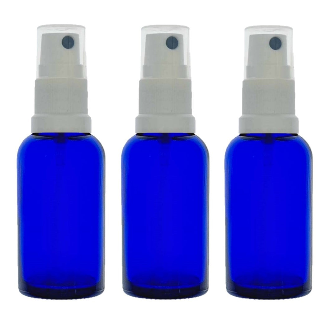 30ml Blue Glass Bottles with White Atomiser Spray and Clear Overcap