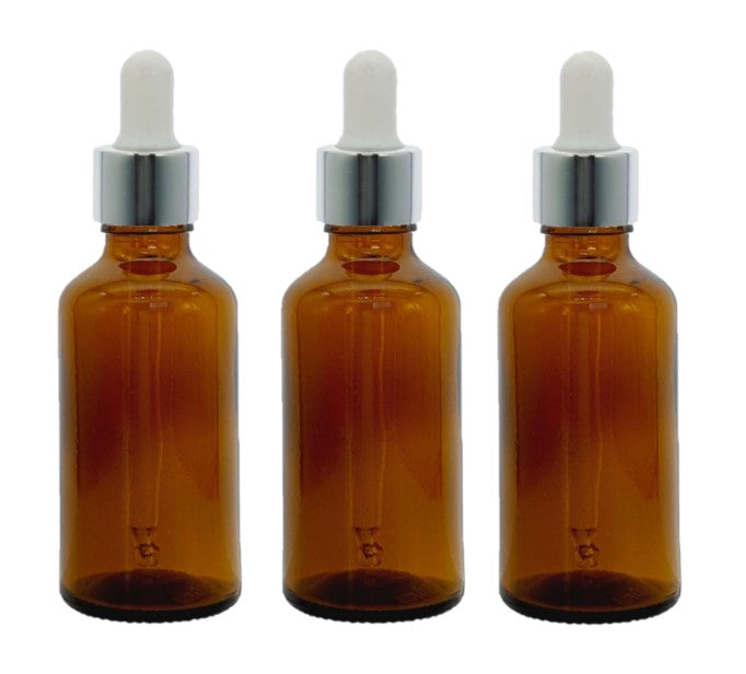 50ml Amber Glass Bottles with Silver/White Glass Pipettes