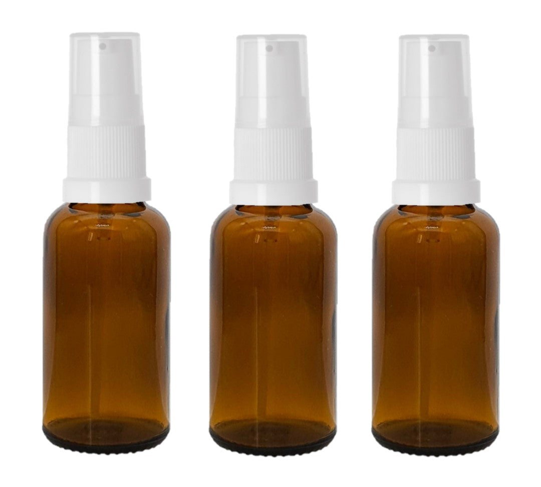 30ml Amber Glass Bottles with White Treatment Pump and Clear Overcap