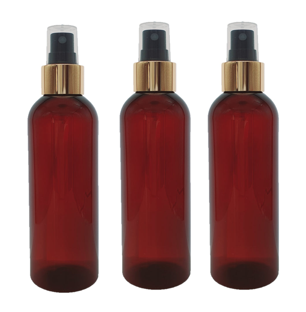 200ml Tall Amber Plastic PET Bottle with 24/410 Gold & Black Finger Spray