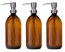 Load image into Gallery viewer, 500ml Amber Glass Soap Dispenser Bottles with Brushed Steel Metal Pump