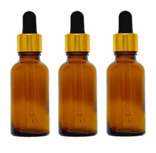 Load image into Gallery viewer, 30ml Amber Glass Bottles with Gold/Black Glass Pipettes