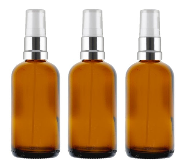 100ml Amber Glass Bottles with Silver/White Treatment Pump and Clear Overcap