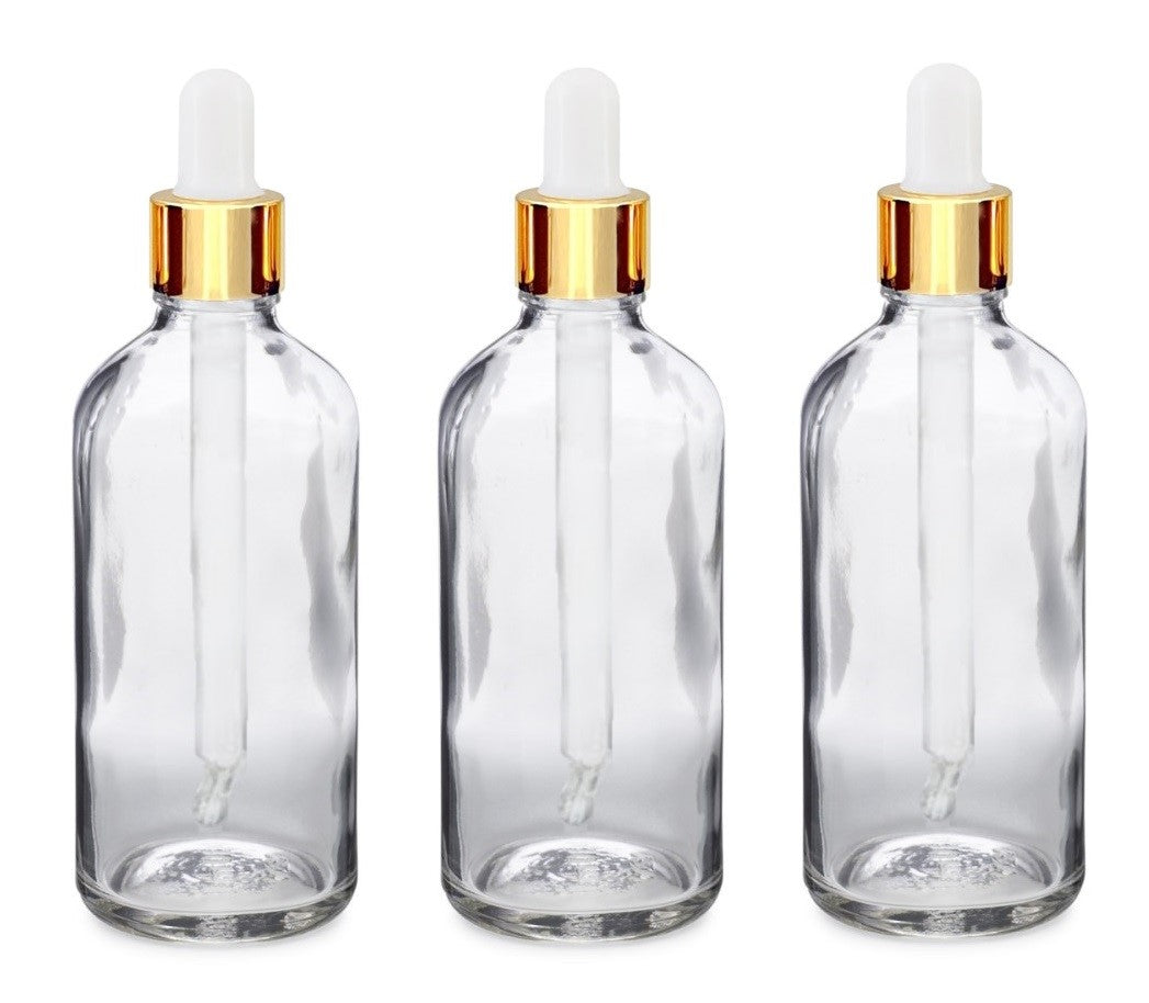 100ml Clear Glass Bottles with Gold/White Glass Pipette