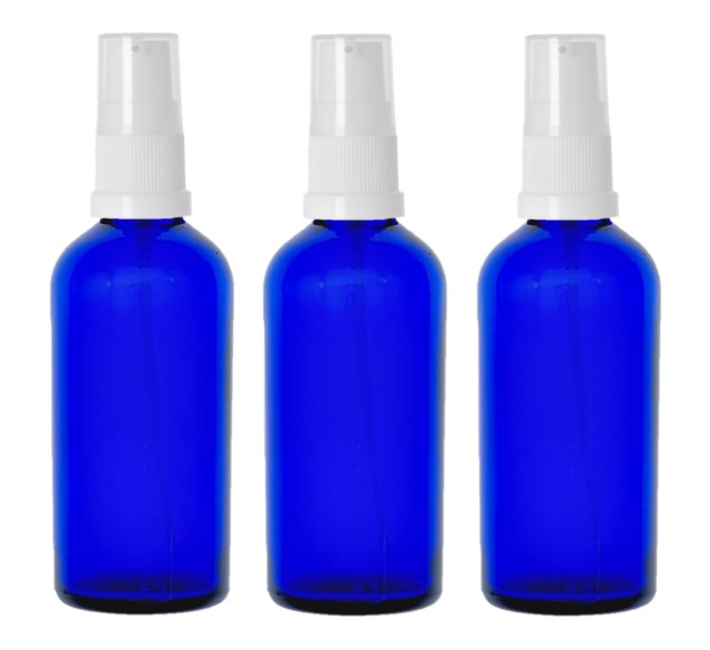 100ml Blue Glass Bottles with White Treatment Pump and Clear Overcap