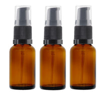 Load image into Gallery viewer, 15ml Amber Glass Bottles with Black Treatment Pump and Clear Overcap