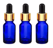 Load image into Gallery viewer, 15ml Blue Glass Bottles with Gold/Black Glass Pipettes