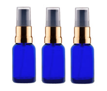 Load image into Gallery viewer, 15ml Blue Glass Bottles with Gold/Black Treatment Pump and Clear Overcap