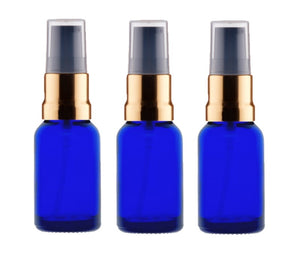 15ml Blue Glass Bottles with Gold/Black Treatment Pump and Clear Overcap