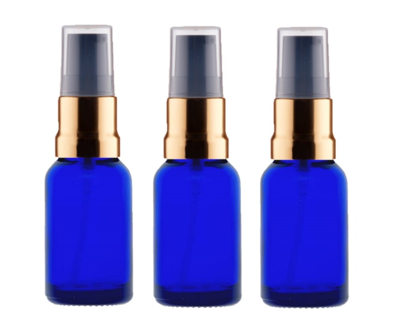 15ml Blue Glass Bottles with Gold/Black Treatment Pump and Clear Overcap