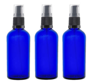 100ml Blue Glass Bottles with Black Treatment Pump and Clear Overcap