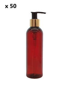 200ml Tall Amber Plastic Bottle with 24mm 410 Gold/Black Lotion Pump