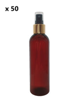 Load image into Gallery viewer, 200ml Tall Amber Plastic PET Bottle with 24/410 Gold &amp; Black Finger Spray