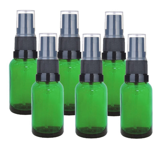 20ml Green Glass Bottles with Black Atomiser Spray and Clear Overcap