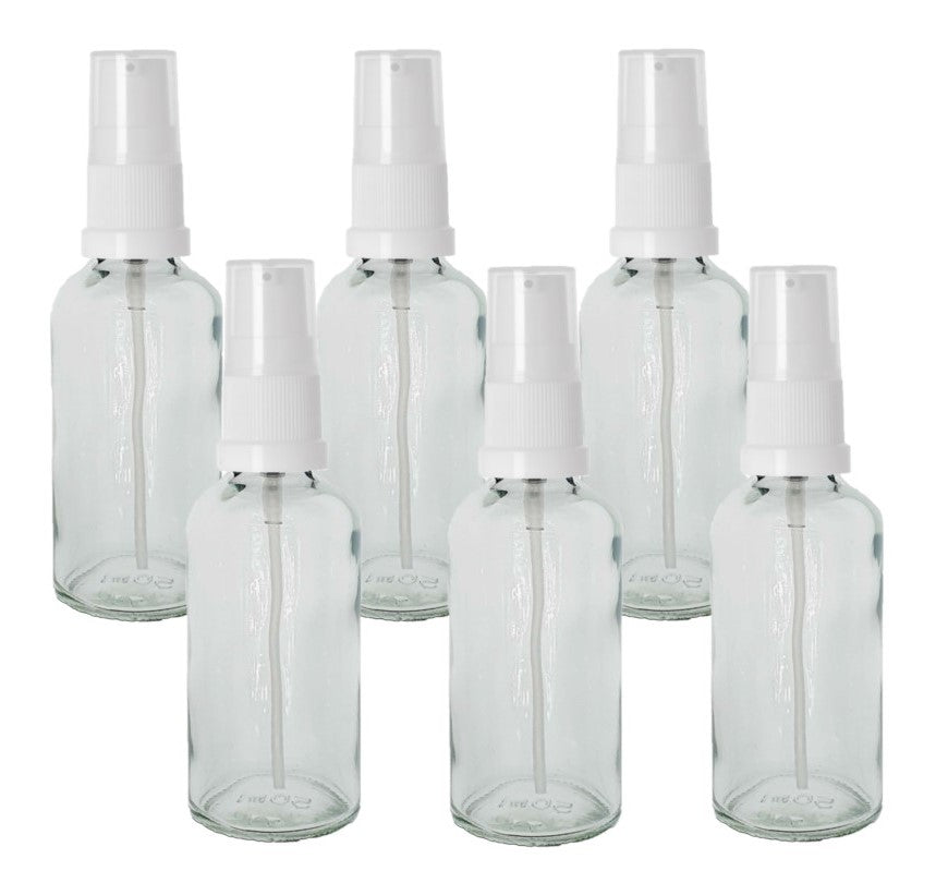 50ml Clear Glass Bottles with White Treatment Pump and Clear Overcap