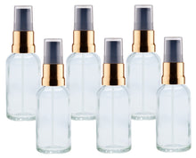 Load image into Gallery viewer, 30ml Clear Glass Bottles with Gold/Black Treatment Pump and Clear Overcap