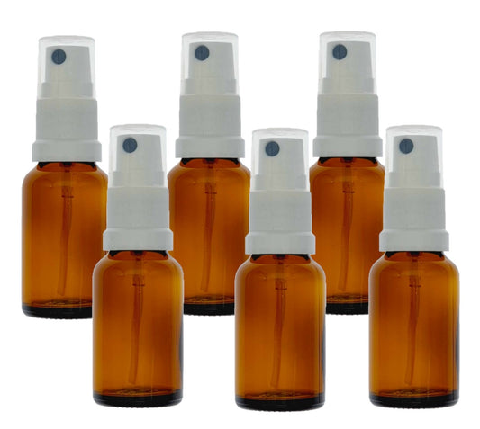 15ml Amber Glass Bottles with White Atomiser Spray and Clear Overcap