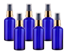 Load image into Gallery viewer, 50ml Blue Glass Bottles with Gold/Black Treatment Pump and Clear Overcap