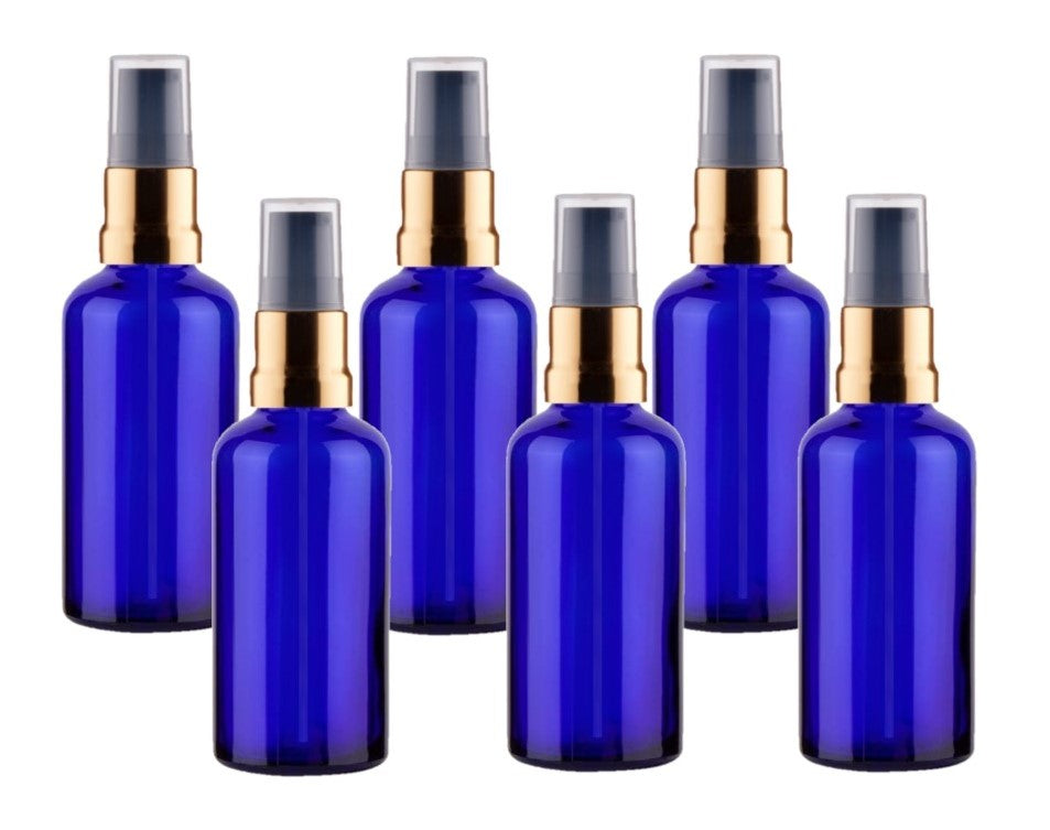 50ml Blue Glass Bottles with Gold/Black Treatment Pump and Clear Overcap