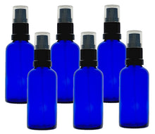 Load image into Gallery viewer, 50ml Blue Glass Bottles with Black Atomiser Spray and Clear Overcap