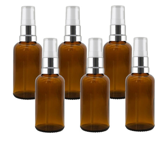 30ml Amber Glass Bottles with Silver/White Treatment Pump and Clear Overcap