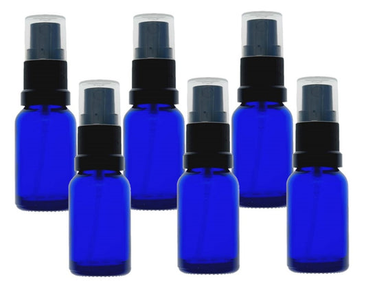 15ml Blue Glass Bottles with Black Atomiser Spray and Clear Overcap