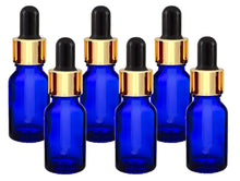 Load image into Gallery viewer, 15ml Blue Glass Bottles with Gold/Black Glass Pipettes