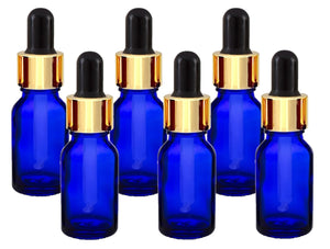 15ml Blue Glass Bottles with Gold/Black Glass Pipettes