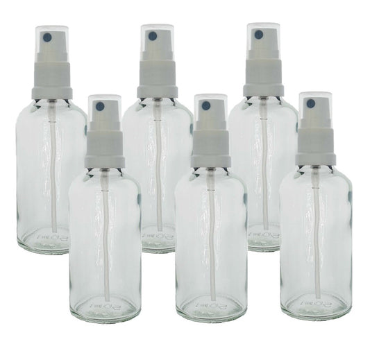 50ml Clear Glass Bottles with White Atomiser Spray and Clear Overcap