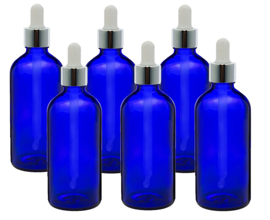 100ml Blue Glass Bottles with Silver/White Glass Pipettes