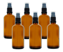Load image into Gallery viewer, 100ml Amber Glass Bottles with Black Atomiser Spray and Clear Overcap